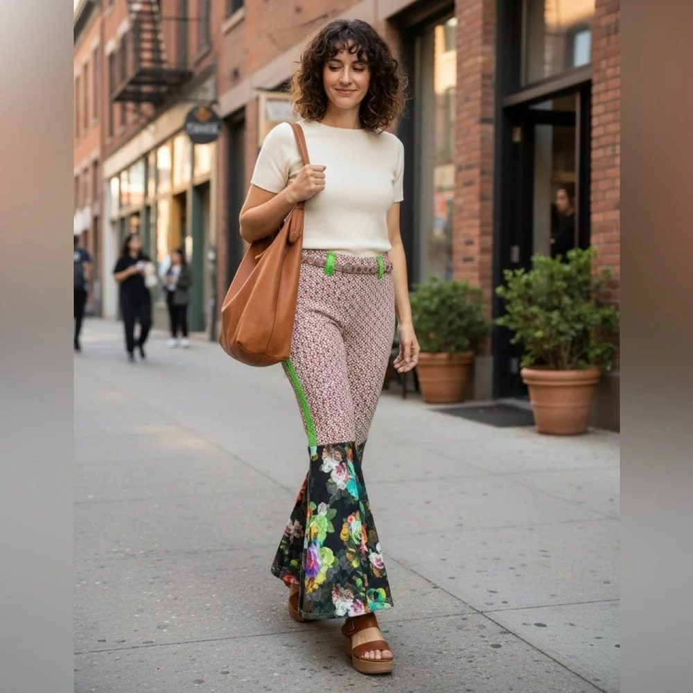 Floral Colorful Flare Pants Fun Festival Hippie Boho‎ Size 12 Stretch Maximalist